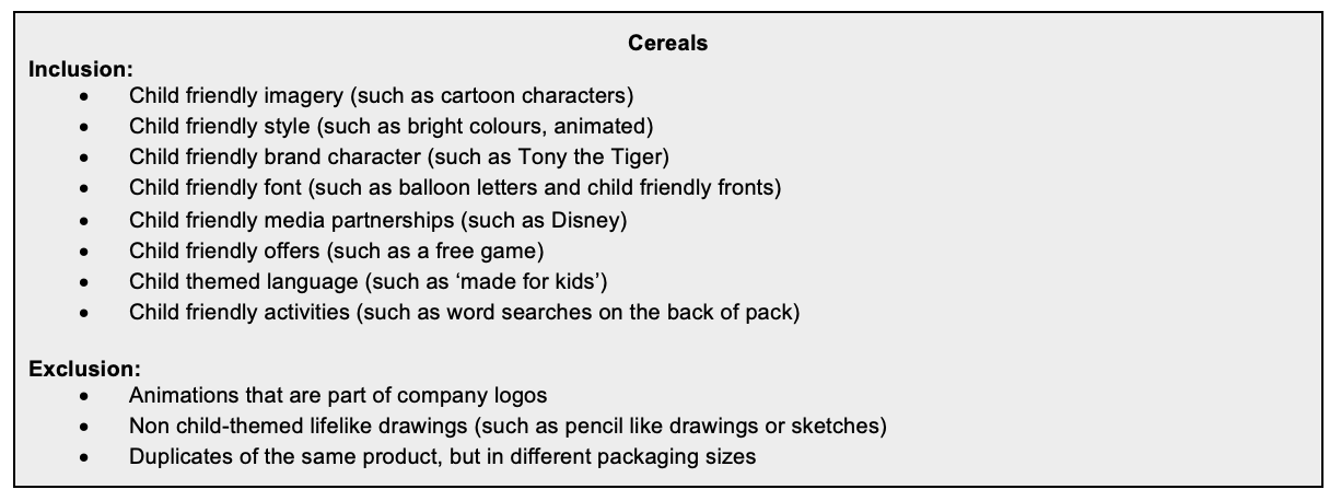 Inclusion criteria of the breakfast cereals survey